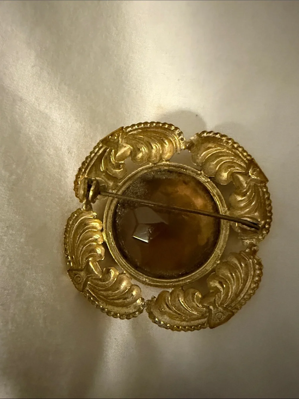 Vintage Gold-Tone Brooch with Amber Glass Center